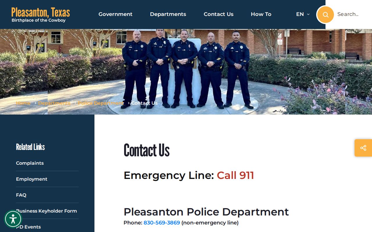 Pleasanton Police Department official contact page
